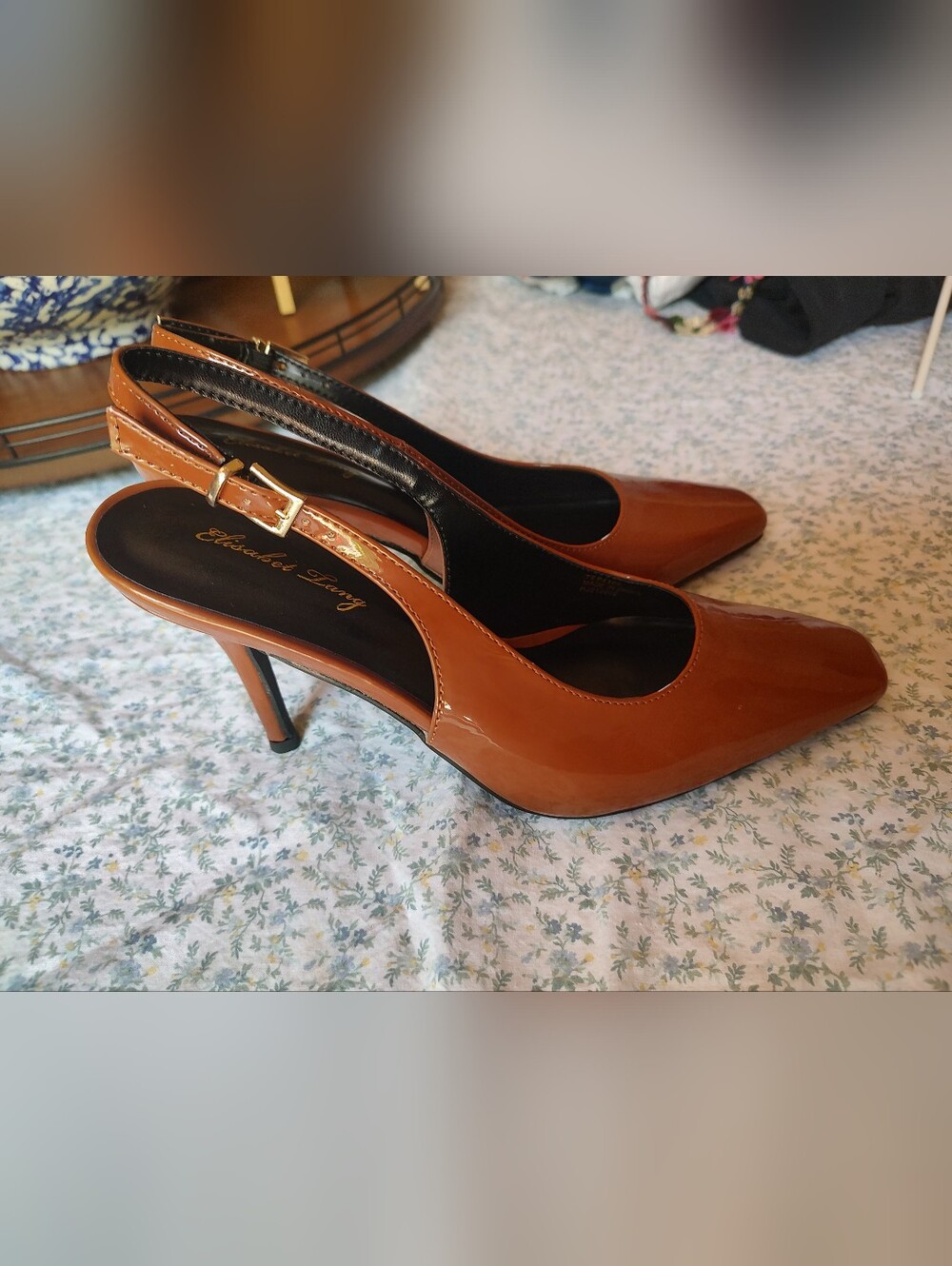 Elisabet Tang  Caramel Brown Vegan Patent Leather Slingback Stiletto Heels 8.5